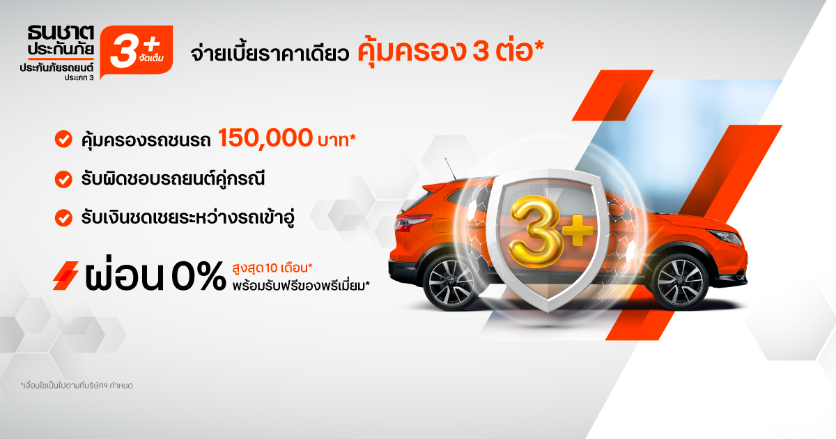 ประกันรถยนต์ชั้น 3+ จัดเต็ม L จ่ายเบี้ยราคาเดียว คุ้มครอง 3 ต่อ*